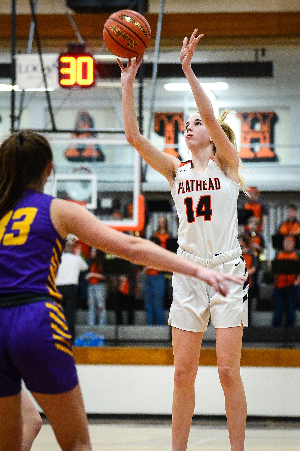 Flathead's Kennedy Moore (14) looks to shoot in the first half against Missoula Sentinel at Flathead High School on Friday, Jan. 6. (Casey Kreider/Daily Inter Lake)