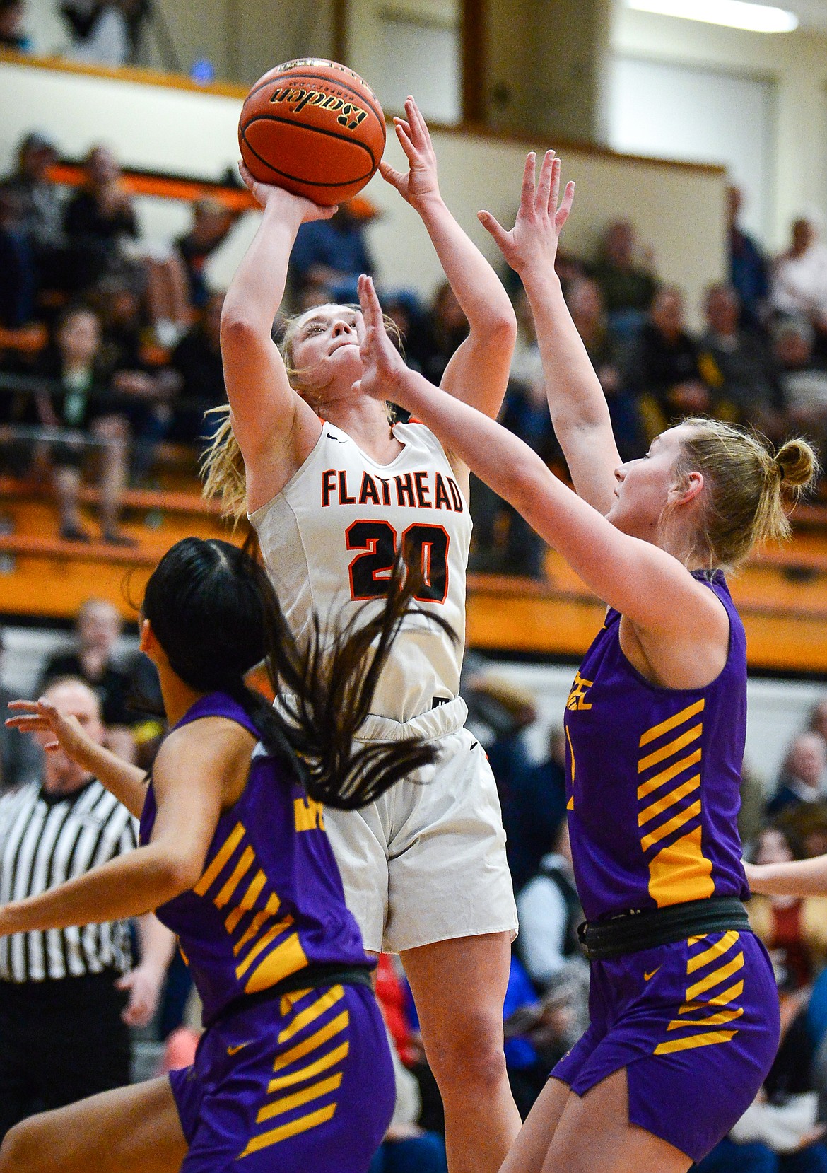 Flathead's Tali Miller (20) looks to shoot in the paint in the first half against Missoula Sentinel at Flathead High School on Friday, Jan. 6. (Casey Kreider/Daily Inter Lake)