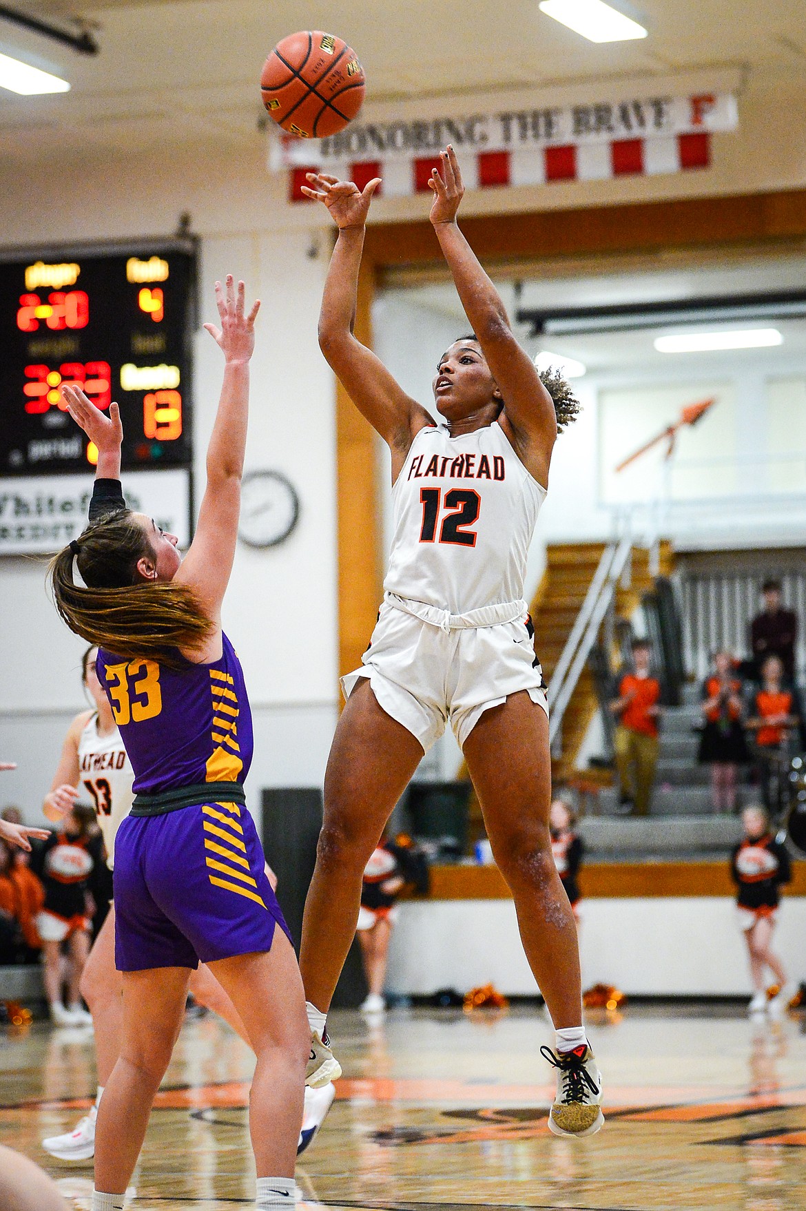 Flathead's Akilah Kubi (12) looks to shoot in the first half against Missoula Sentinel at Flathead High School on Friday, Jan. 6. (Casey Kreider/Daily Inter Lake)