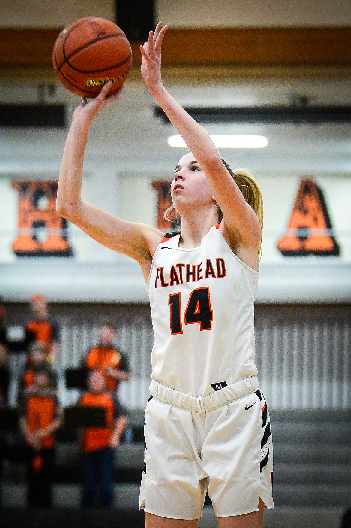 Flathead's Kennedy Moore (14) looks to shoot in the first half against Missoula Sentinel at Flathead High School on Friday, Jan. 6. (Casey Kreider/Daily Inter Lake)