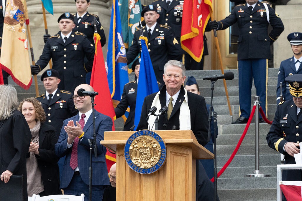 Idaho Gov. Brad Little about to give a speech after being sworn in for his second term on the steps of the State Capitol building on January 6, 2023. (Otto Kitsinger for Idaho Capital Sun)