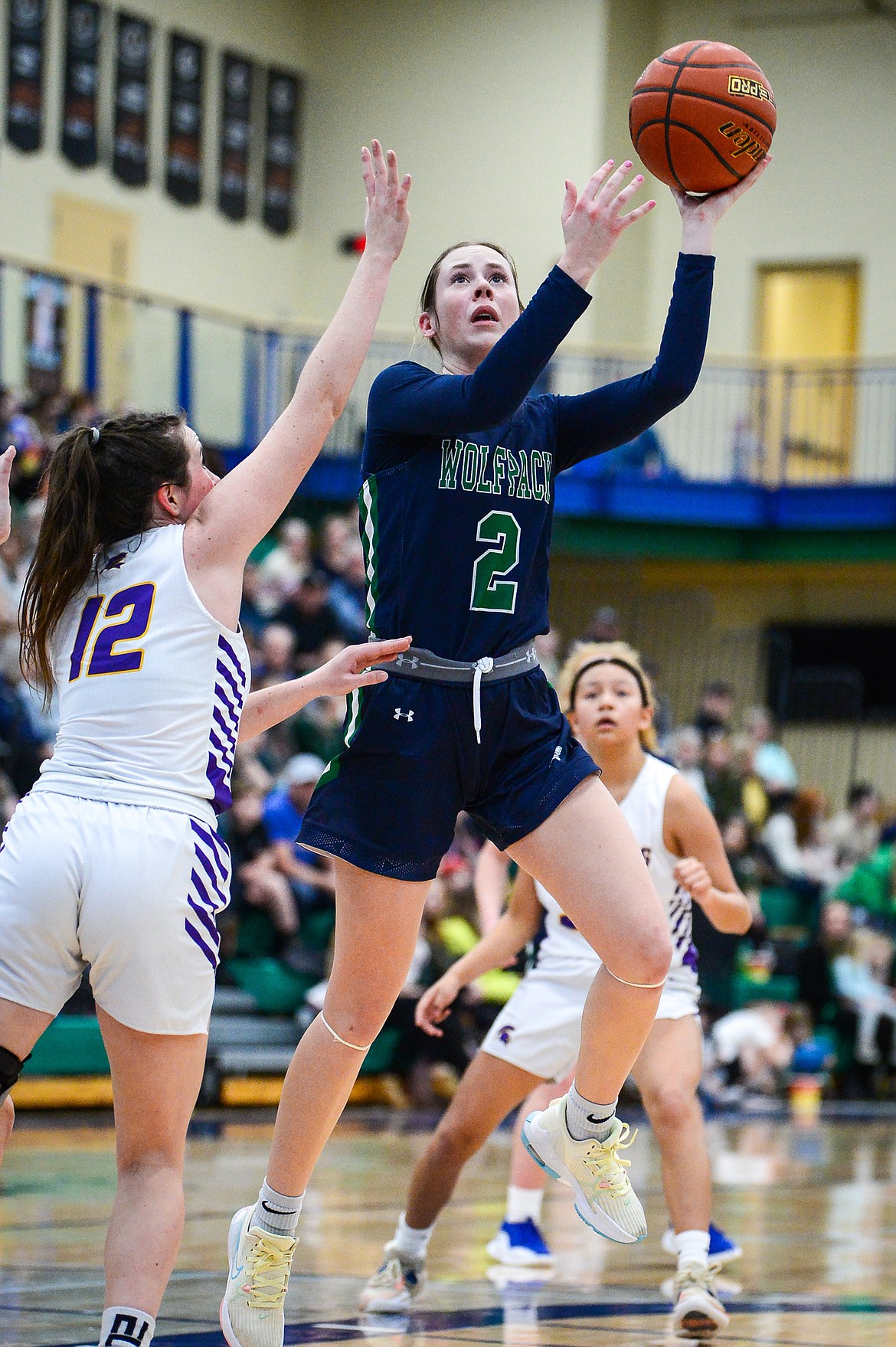 Glacier's Sarah Downs (4) knocks down a shot in the lane in the first half against Missoula Sentinel at Glacier High School on Saturday, Jan. 7. (Casey Kreider/Daily Inter Lake)