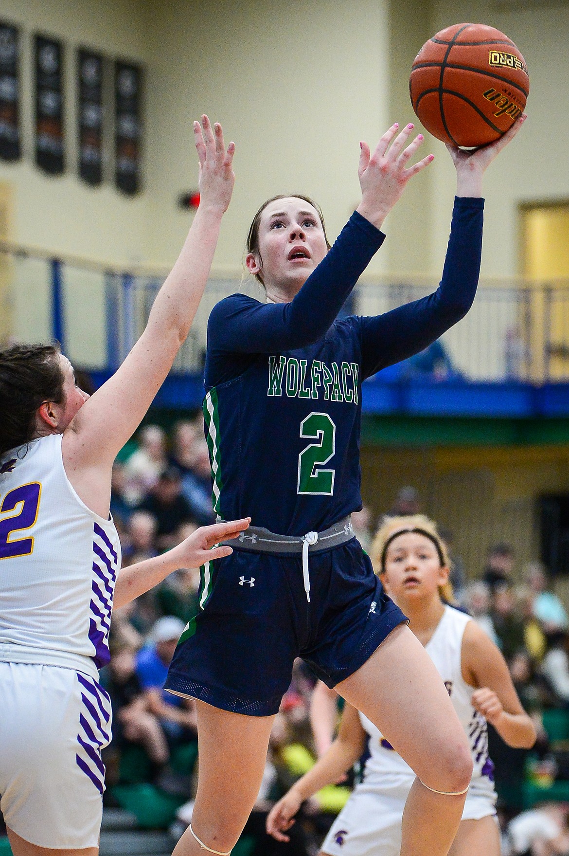 Glacier's Sarah Downs (4) knocks down a shot in the lane in the first half against Missoula Sentinel at Glacier High School on Saturday, Jan. 7. (Casey Kreider/Daily Inter Lake)