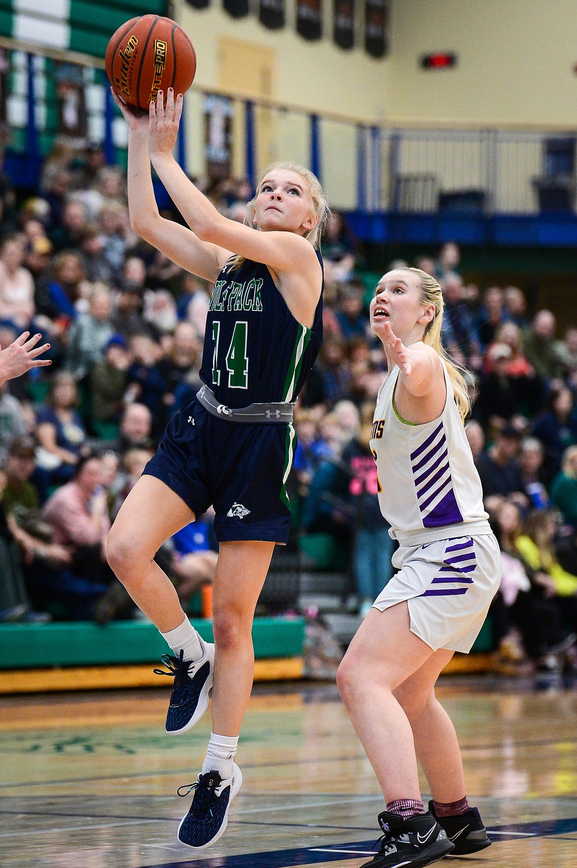 Glacier's Bailey Gable (14) knocks down a shot in the lane in the first half against Missoula Sentinel at Glacier High School on Saturday, Jan. 7. (Casey Kreider/Daily Inter Lake)