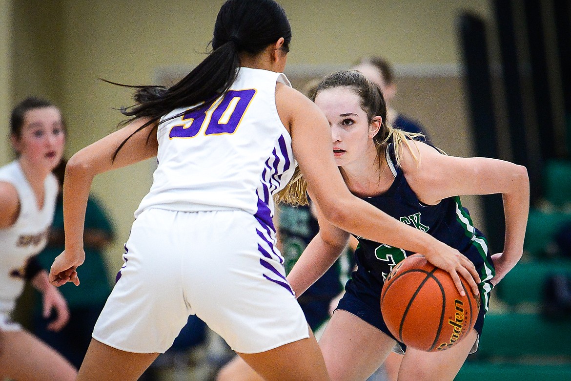 Glacier's Haven Speer (3) defends against Missoula Sentinel's Kaitlyn Hammett (30) in the first half at Glacier High School on Saturday, Jan. 7. (Casey Kreider/Daily Inter Lake)