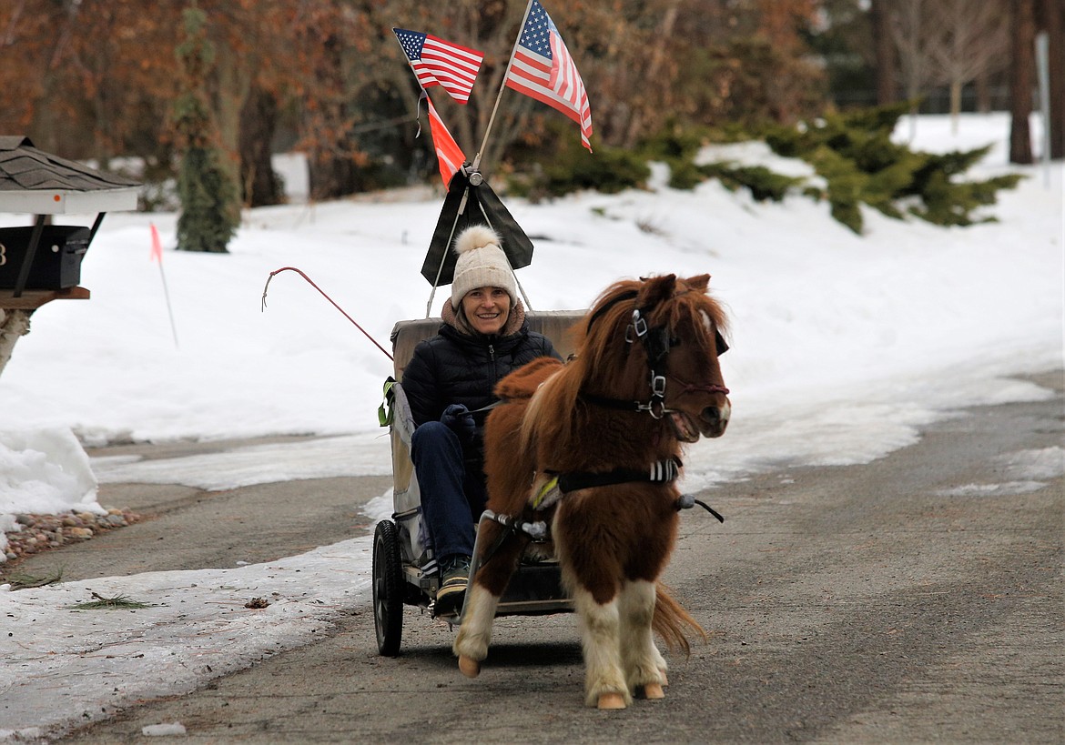 Corinna Gardiner rides in a cart being pulled on Arrowhead Road by Teddy, a miniature horse, on Thursday.
