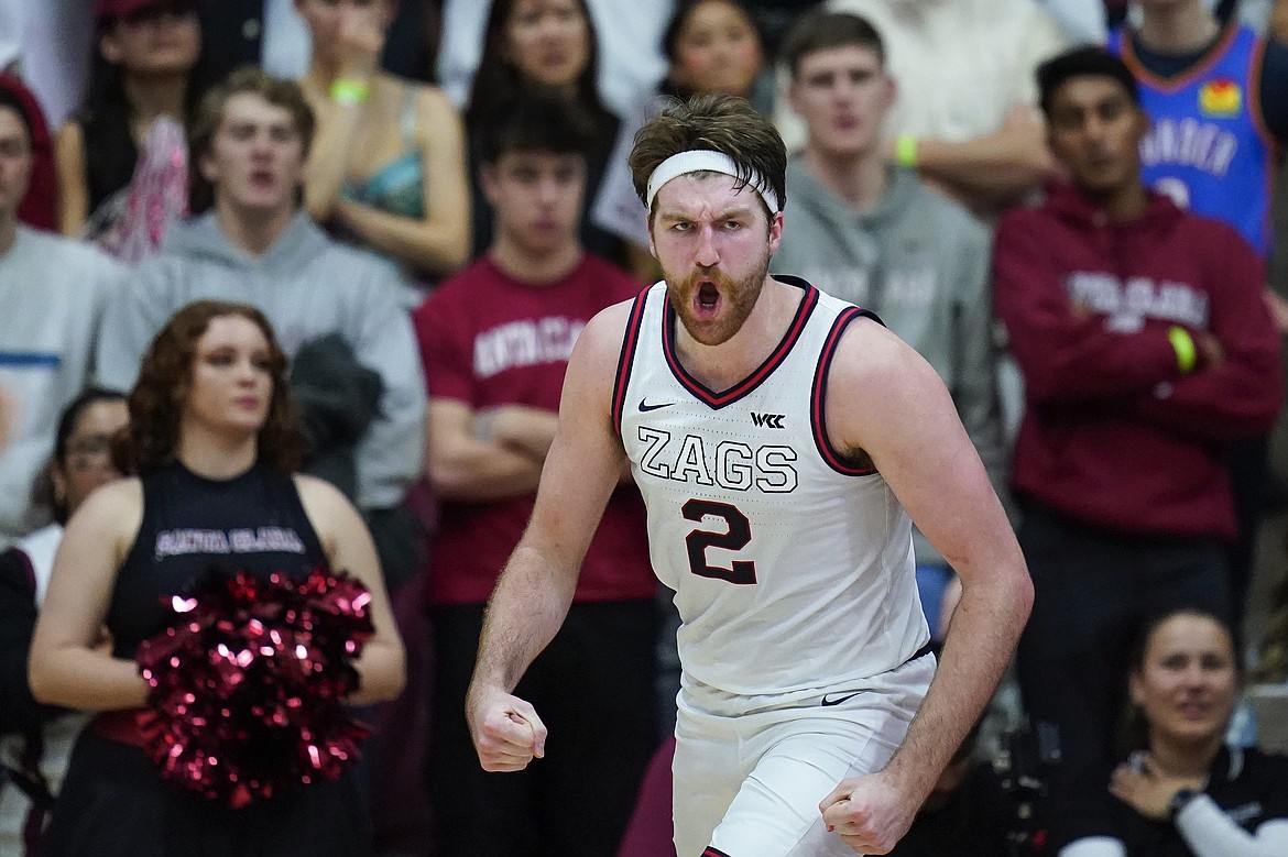 Gonzaga forward Drew Timme reacts during the second half of the team's NCAA college basketball game against Santa Clara in Santa Clara, Calif., Saturday, Jan. 7, 2023.