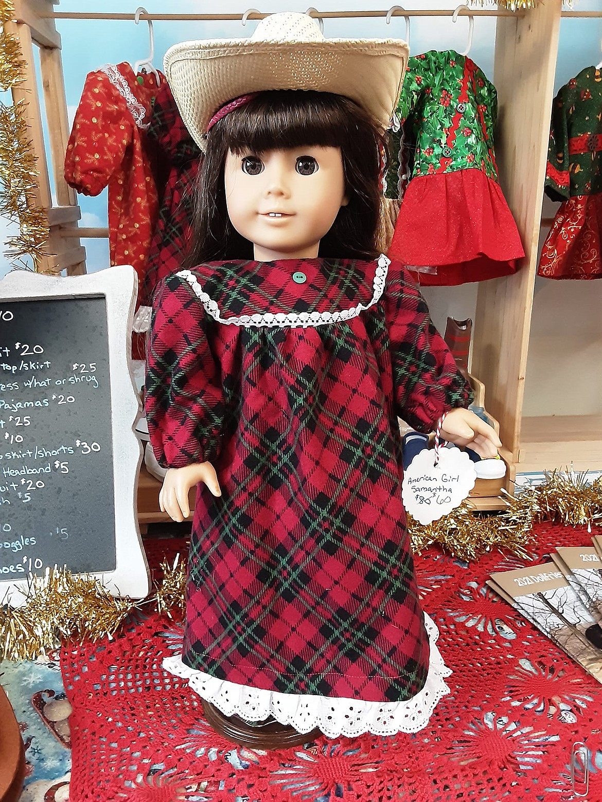 This festive holiday dress was a recent creation of Osborne's for Christmastime. She tries to new outfits and dresses for sale for each of the upcoming holidays and seasons throughout the year. (Photo courtesy Charlotte Osborne)