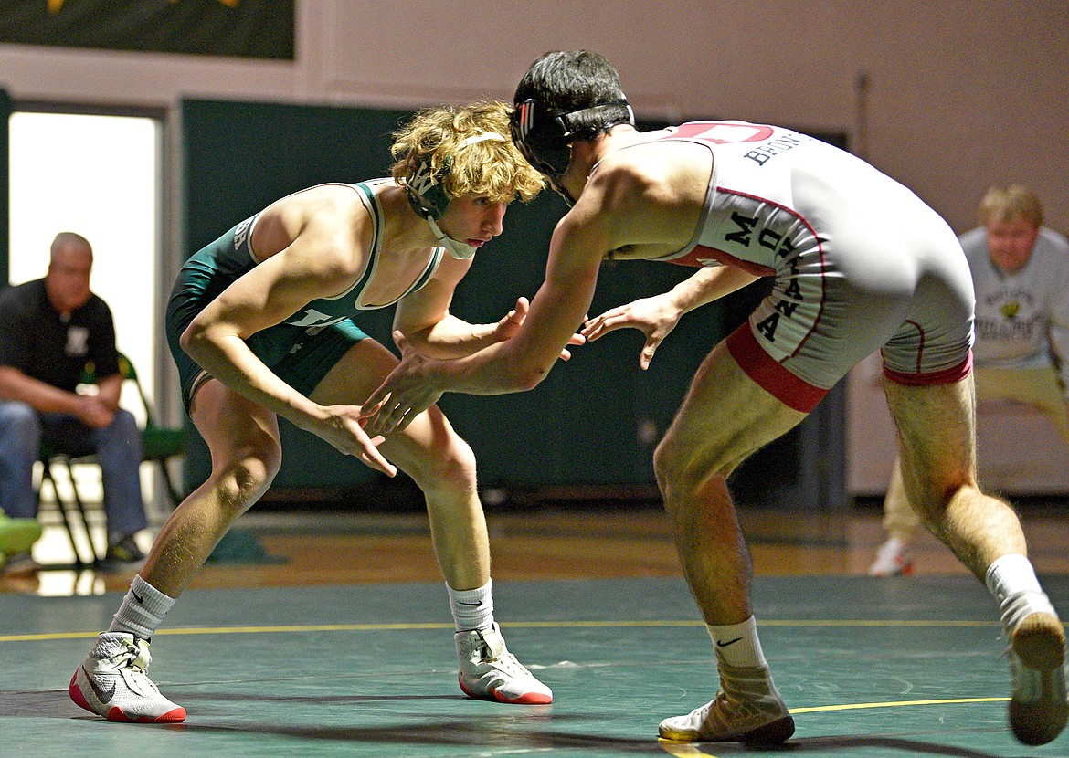 Whitefish's Landree Aurand wrestles Hamilton in a dual on Thursday at Whitefish High School. (Whitney England/Whitefish Pilot)