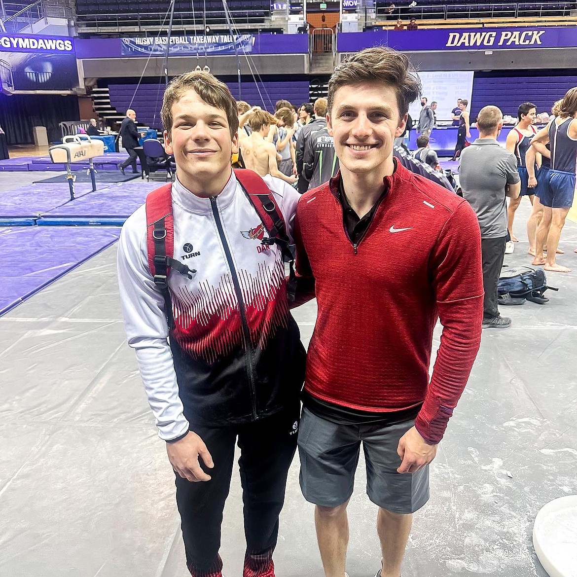Courtesy photo
Avant Coeur Gymnastics Level 10 Daniel Fryling in Seattle at the Washington Open with coach Matt Auerbach.