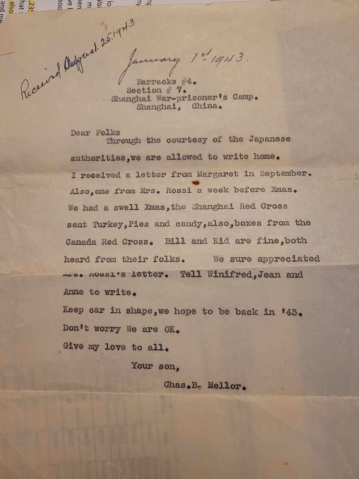 A letter written by Charles Mellor in 1943 while he was a prisoner of war in Shanghai following the Japanese takeover of Wake Island, where Mellor and two brothers, Emmett and Glenn Newell, all of small towns in Idaho, were taken captive. Their families, of North Idaho, met for the first time Tuesday.