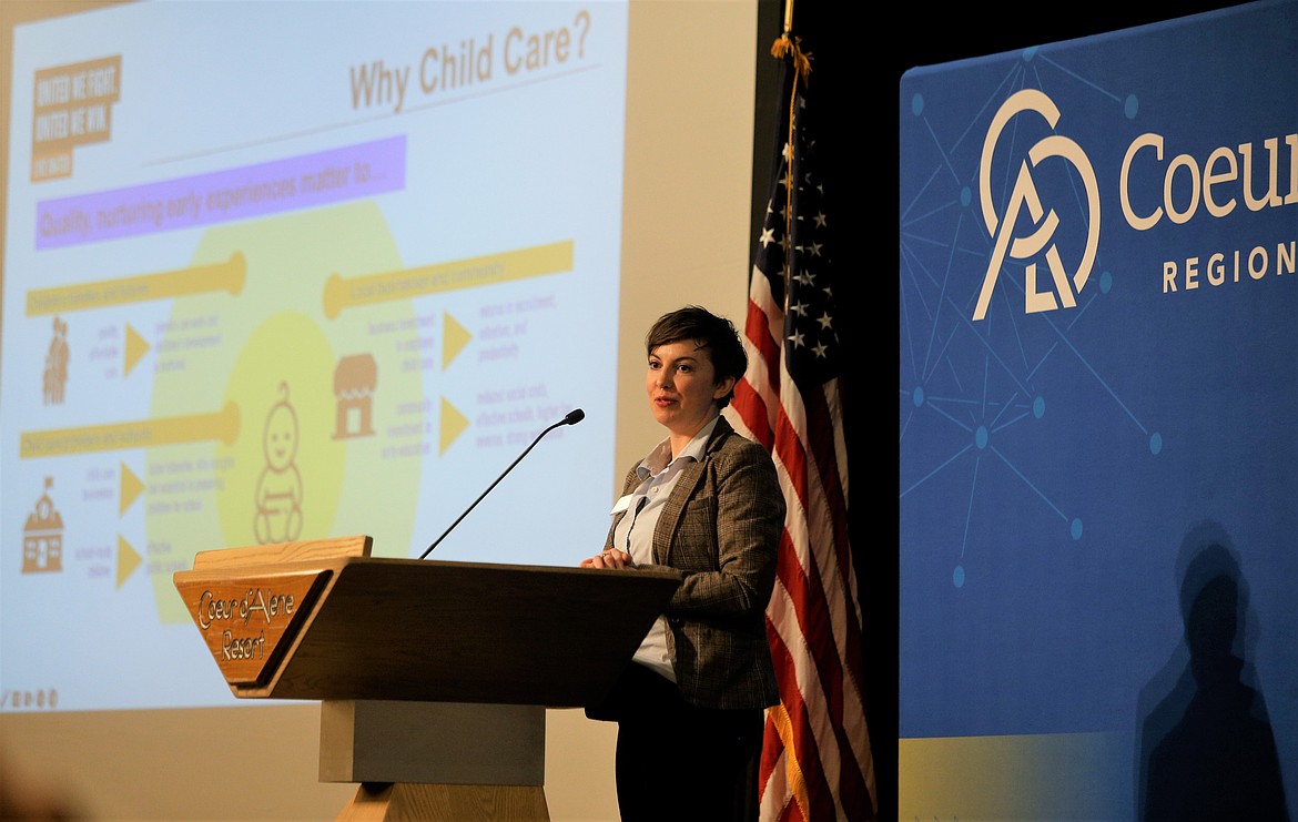 Keri Cederquist, community impact director at United Way of North Idaho, speaks during the Coeur d'Alene Regional Chamber's Upbeat Breakfast on Tuesday at The Coeur d'Alene Resort.