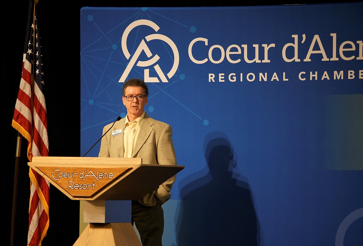 Mark Tucker, executive director of United Way of North Idaho, speaks during the Coeur d'Alene Regional Chamber's Upbeat Breakfast on Tuesday at The Coeur d'Alene Resort.