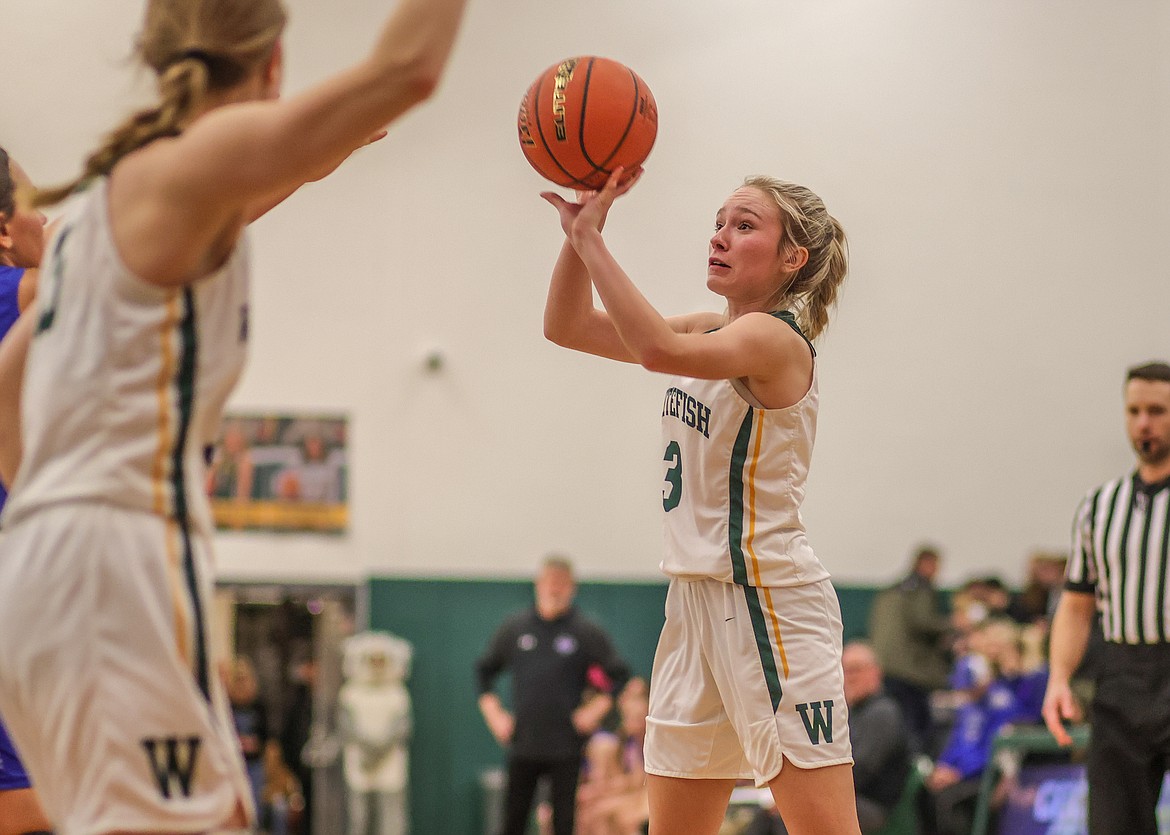 Whitefish sophomore Madi Gordon takes a shot at home on Thursday against the Wildkats. (JP Edge photo)