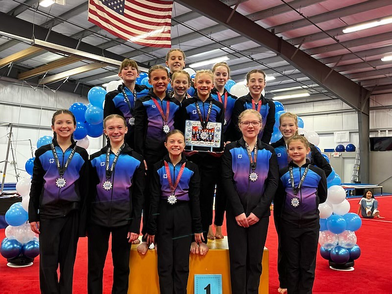 Courtesy photo
Some members of the GEMS Athletic Center silver level team competed at the Winter Spirit gymnastics meet Jan. 7-8 in Clarkston, Wash. In the front row from left are Aria Milewski, Ashley Gwin, Sydney Thompson, Gracie Harrison and Ashtyn Fowler; and back row from left, Summer Spiker, Abi Sinclair, Sierra Crawford, Raya Batchelder, Hannah Batchelder, Elliot Tuntland and Reagan Smith.