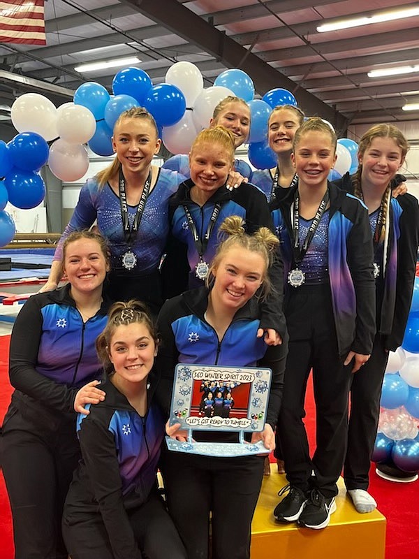 Courtesy photo
Members of the GEMS Athletic Center platinum and diamond level teams competed in the Winter Spirit gymnastics meet Jan. 7-8 in Clarkston, Wash. In the front row from left are Dakota Caudle, Keana Pettyjohn and Riley Walton; and back row from left, Taryn Olson, Izzy McCaslin, Mckenzie Palaniuk, Evyn Lyon, Evelyn Oswell and Kylie Burg.