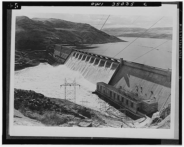 Grand Coulee Dam on the Columbia river, Washington. Taken circa 1941.