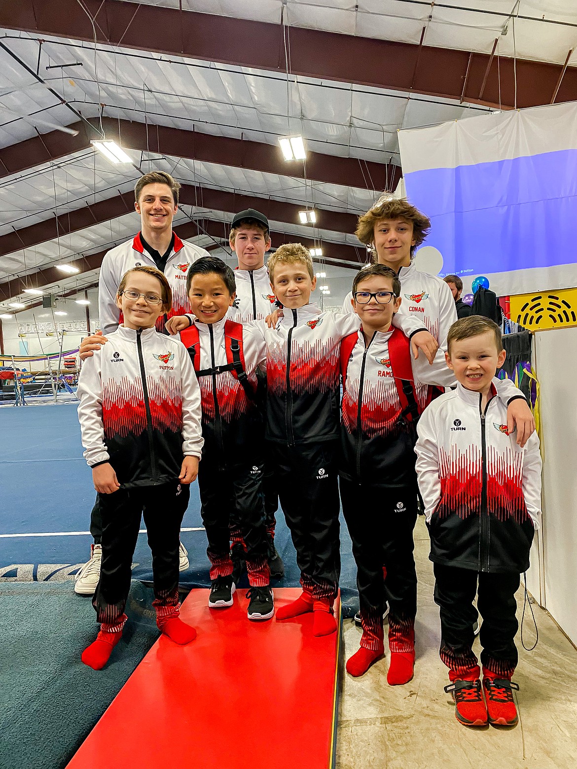 Courtesy photo
Avant Coeur Gymnastics Level 3 and 4 boys at the Flip Festival in Spokane. In the front row from left are Paxton Wengeler, Preston Pool, Kasen Dellara, Raymond Brown and Derek Remelski; and back row from left, coach Matt Auerbach, Ricky Parker and coach Conan Tapia.