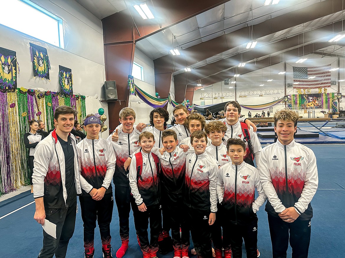 Courtesy photo
Avant Coeur Gymnastics Level 5-10 boys take 2nd Place Team at the Dynamic Flip Festival in Spokane. In the front row from left are Nathan Cohen, Blaide Cotten, Carson Kenny, Dylan Coulson and Felipe McAllister; second row from left, Lance Mosher and Hudson Petticolas; and back row from left, coach Matt Auerbach, Conan Tapia, Cayden Ptashkin, Grayson McKlendin, Collin Scott and Daniel Fryling.