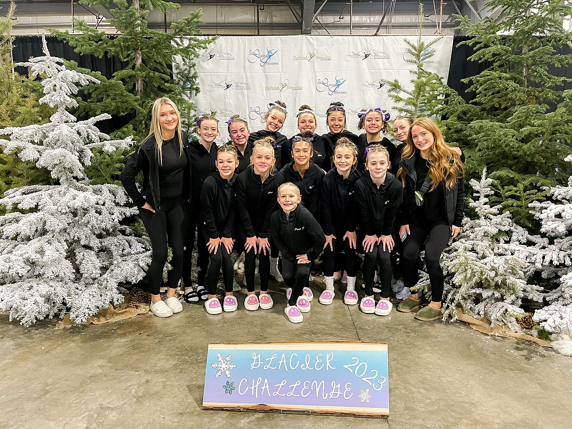 Courtesy photo
Avant Coeur Gymnastics Level 8, 9 and 10s take 1st Place on Bars and 2nd Place Team at the Glacier Challenge in Kalispell, Mont. In the front is Piper St John; second row from left, Brynlynn Kelly, Avery Hammons, Kenzie Short, Sophia Elwell and Claire Traub; and back row from left, Maddy Edwards, Sara Rogers, McKell Chatfield, Eden Lamburth,  Madalyn McCormick, Maiya Terry, Jazzy Quagliana, Kayce George and Lily Call.