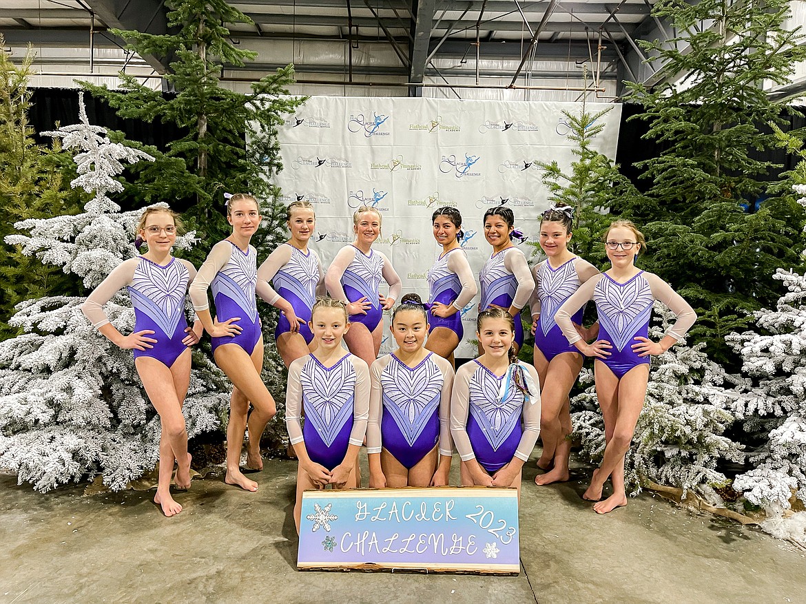 Courtesy photo
Avant Coeur Gymnastics Xcel Golds take 1st Place on Bars and 2nd Place Team at the Glacier Challenge in Kalispell, Mont. In the front row from left are Olivia Merry, Evelynn Prescott and Stitchy Austin; and back row from left, Lily Kramer, Addy Hundrup, Liliana Olind, Allison Scott, Carisa Gencarella, Carina Gencarella, Audri Madsen and Dahlia Kramer.