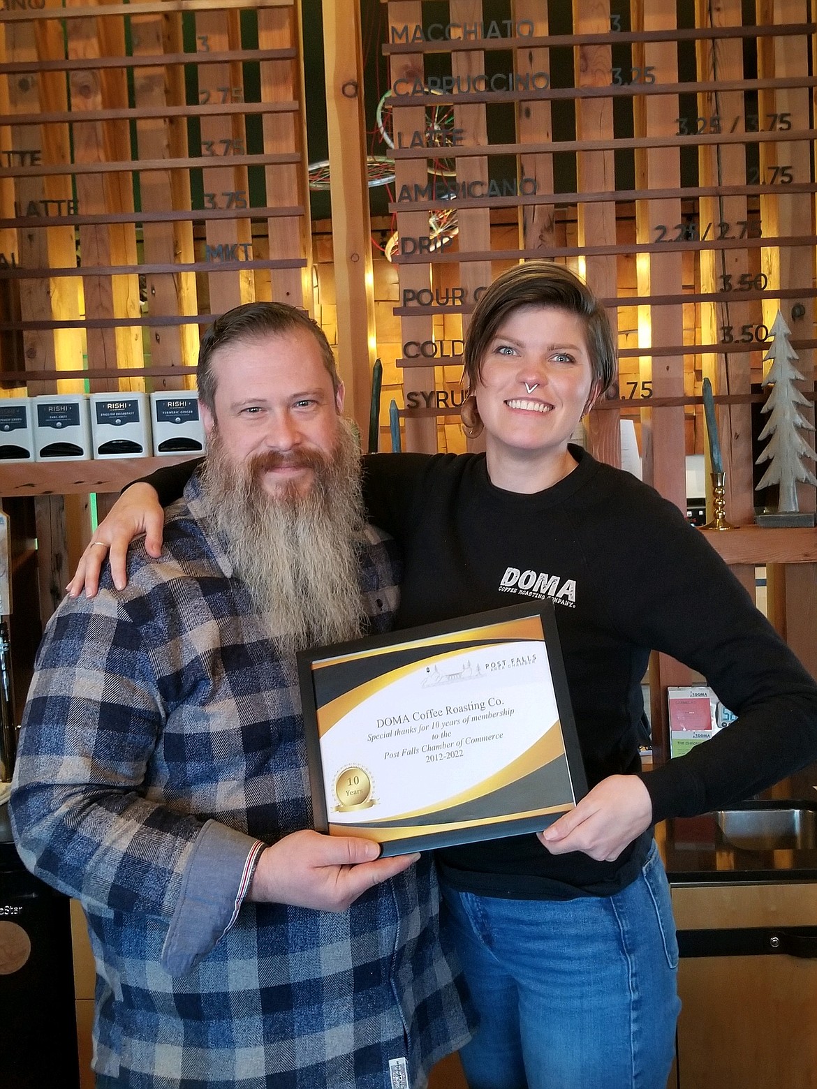DOMA Coffee Roasting Co. recognized for being a 10-year member of the Post Falls Chamber.