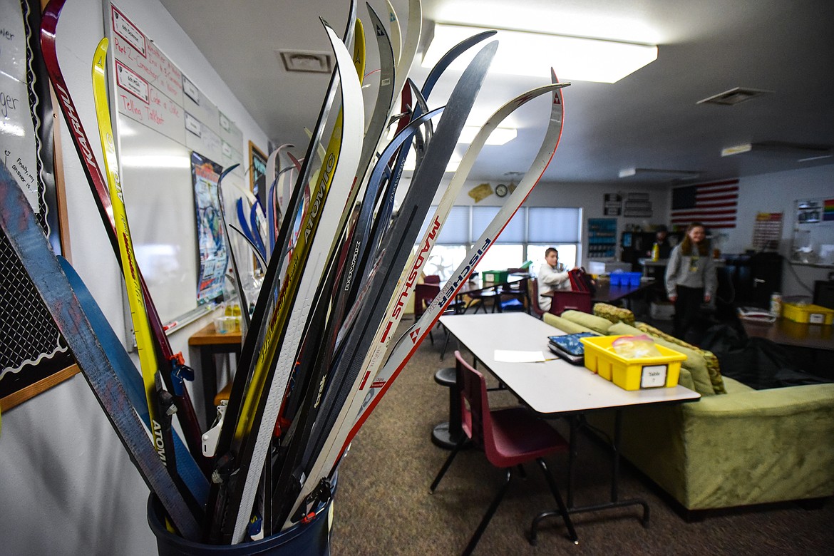 Sets of cross-country skis that students use are stored inside Mary Ehli's sixth-grade classroom at Kila School on Wednesday, Jan. 18. (Casey Kreider/Daily Inter Lake)