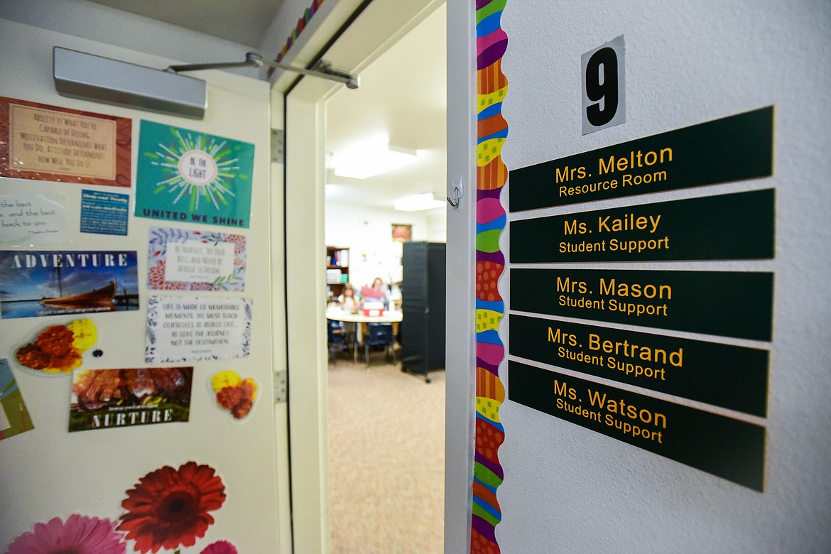 Several teachers share a larger student support classroom sectioned off with dividers at Kila School on Wednesday, Jan. 18. (Casey Kreider/Daily Inter Lake)