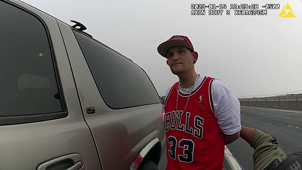 Body camera still of the arrest of Moses Lake resident Dustin Duville, 38, Saturday morning. Following his arrest, search warrants were issued for his vehicle, home and a storage locker which lead to the discovery of multiple illegal substances and items.