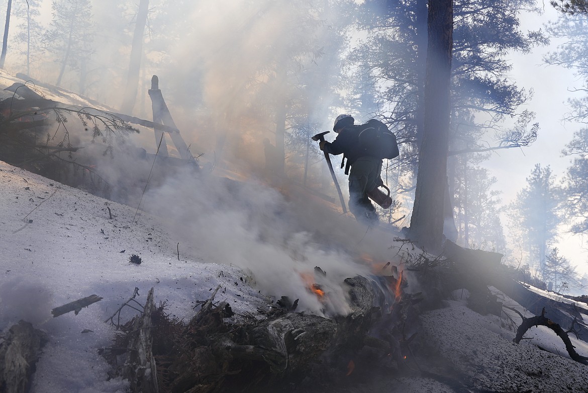 A member of the Mile High Youth Corps walks near a smoldering pile of tree debris during a controlled burn with the U.S. Forest Service in Hatch Gulch Wednesday, Feb. 23, 2022, near Deckers, Colo. U.S. Agriculture Secretary Tom Vilsack says the forest service conducted burns, tree thinning and other work to reduce wildfire risks across 5,000 square miles last year. (AP Photo/Brittany Peterson,File)