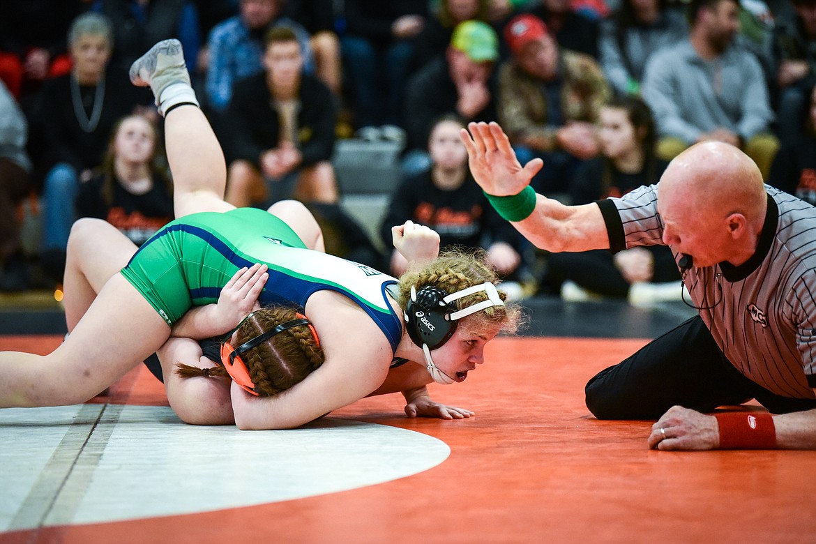 Glacier's Madisyn Frazier pins Flathead's Bridget Smith at 152 pounds during crosstown wrestling at Flathead High School on Thursday, Jan. 19. (Casey Kreider/Daily Inter Lake)