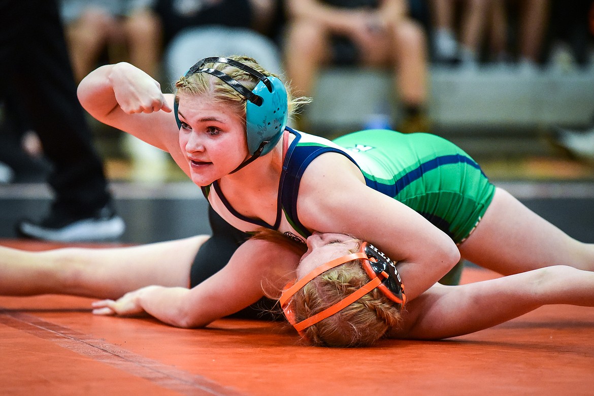 Glacier's Brooke Yeadon pins Flathead's Lohla Helpenstill at 107 pounds during crosstown wrestling at Flathead High School on Thursday, Jan. 19. (Casey Kreider/Daily Inter Lake)