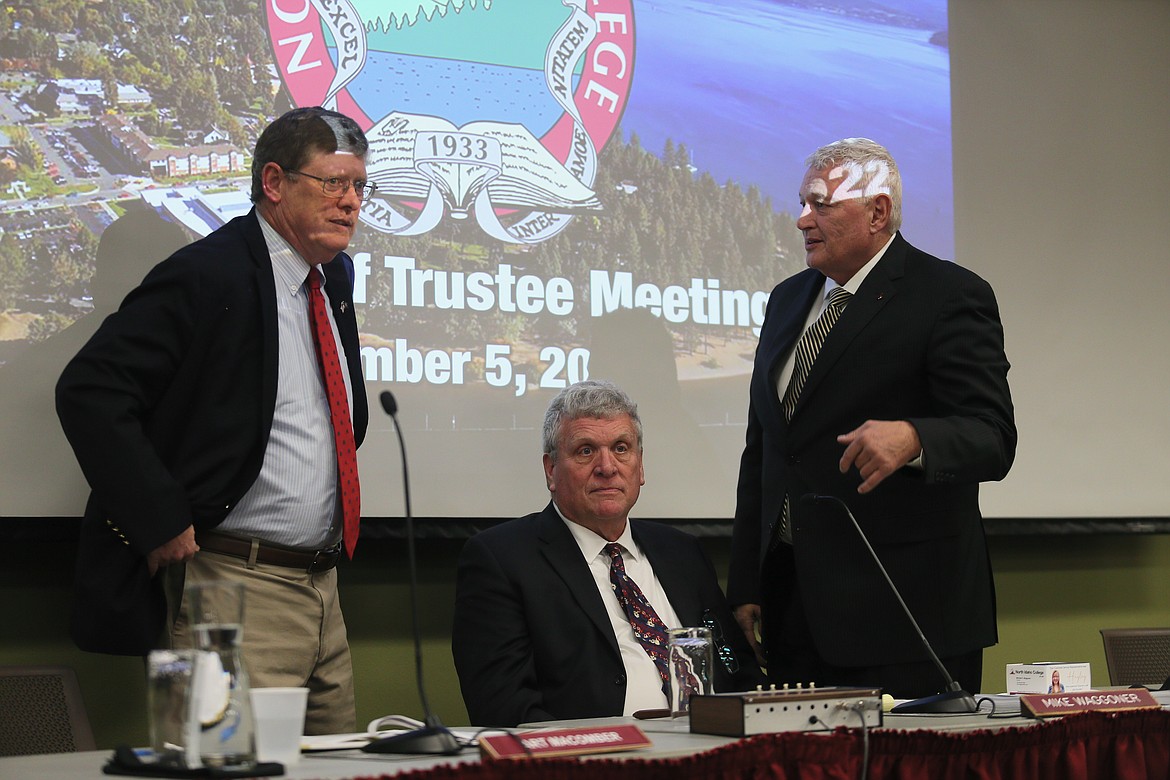 North Idaho College attorney Art Macomber, left, speaks with Trustee Mike Waggoner, center, and Interim President Greg South before the Jan. 18 board meeting.