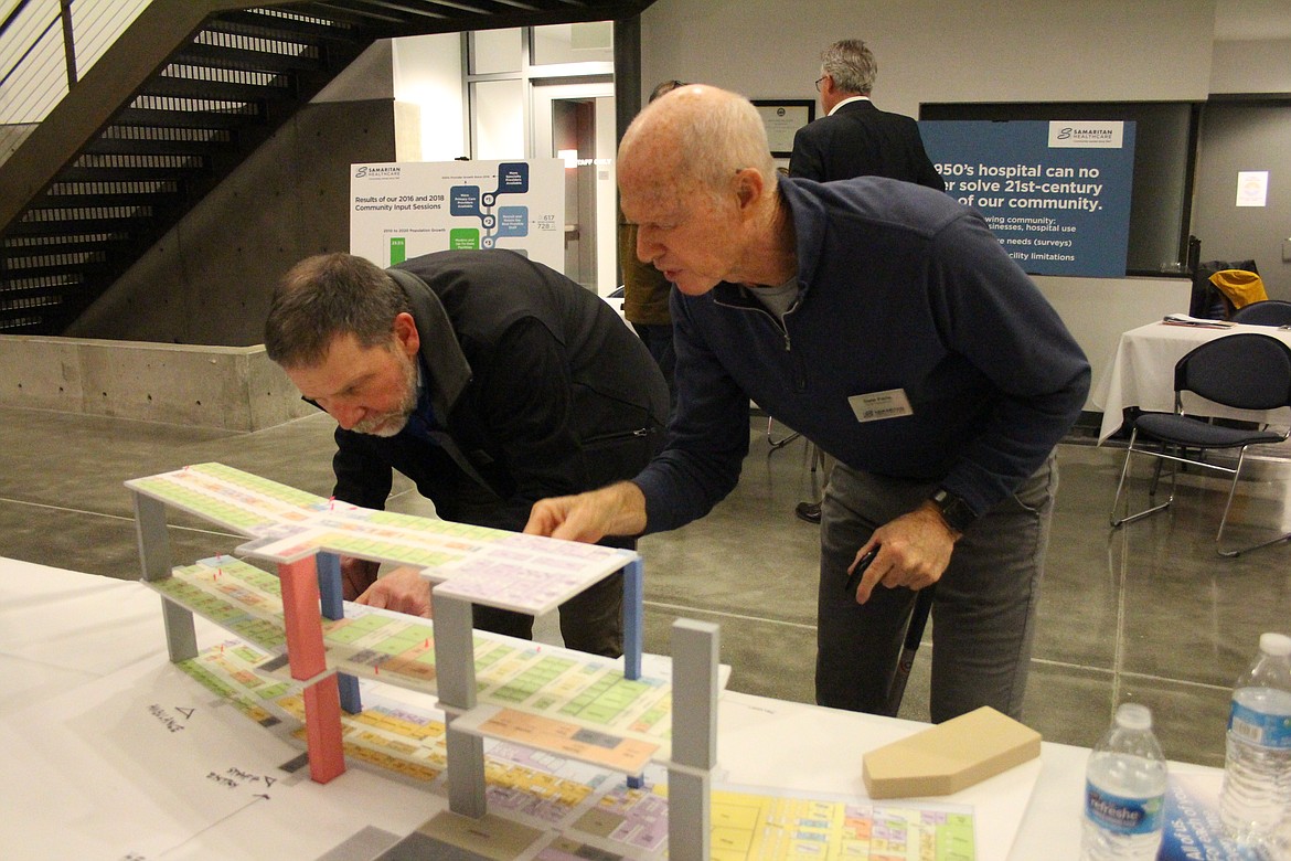 Samaritan Hospital Commissioner Dale Paris, right, shows a tentative floor plan for the new hospital to district patron Gregg Fletcher.