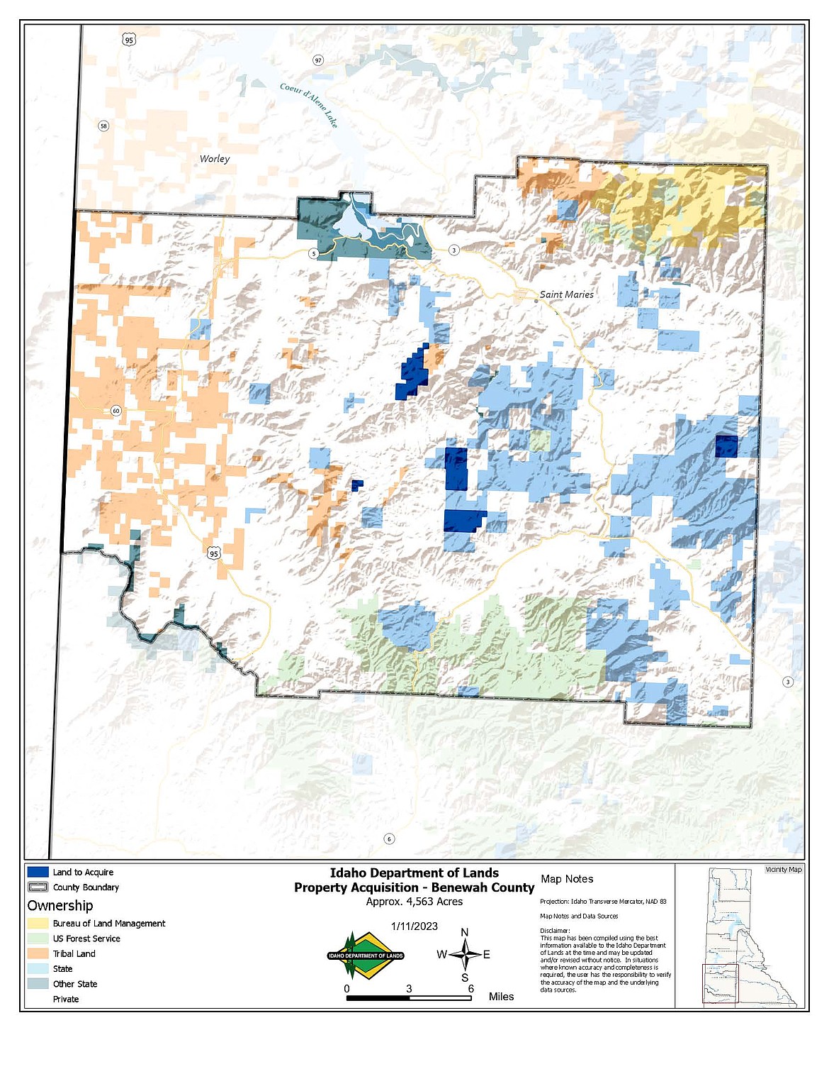 Idaho Department of Lands announced it purchased almost 18,050 acres of timberland spread across five north Idaho counties. Above, a map shows the location of the parcels purchased in Benewah County.