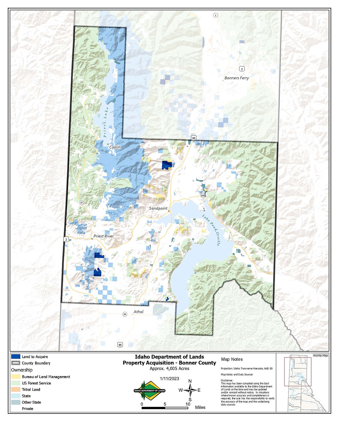 Idaho Department of Lands announced it purchased almost 18,050 acres of timberland spread across five north Idaho counties. Above, a map shows the location of the parcels purchased in Bonner County.