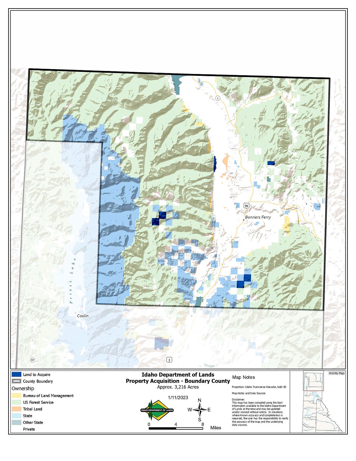 Idaho Department of Lands announced it purchased almost 18,050 acres of timberland spread across five north Idaho counties. Above, a map shows the location of the parcels purchased in Boundary County.