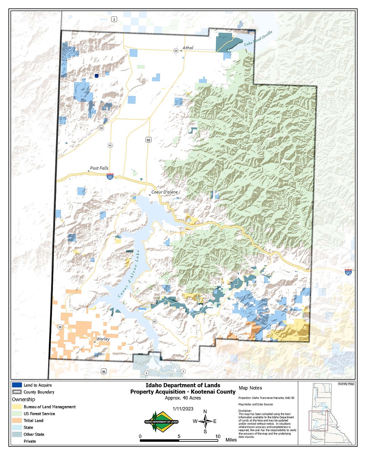 Idaho Department of Lands announced it purchased almost 18,050 acres of timberland spread across five north Idaho counties. Above, a map shows the location of the parcels purchased in Kootenai County.