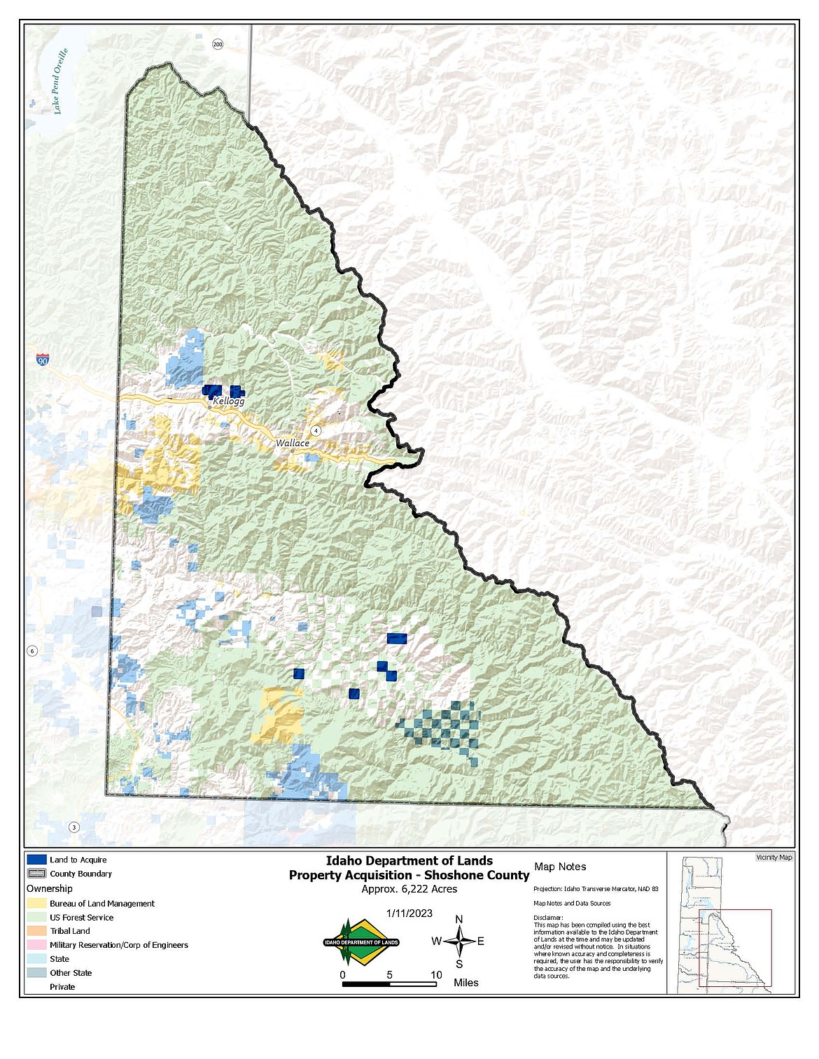 Idaho Department of Lands announced it purchased almost 18,050 acres of timberland spread across five north Idaho counties. Above, a map shows the location of the parcels purchased in Shoshone County.