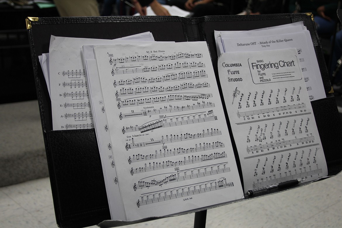 A sheet of music fills a stand at Moses Lake High School wind ensemble practice.