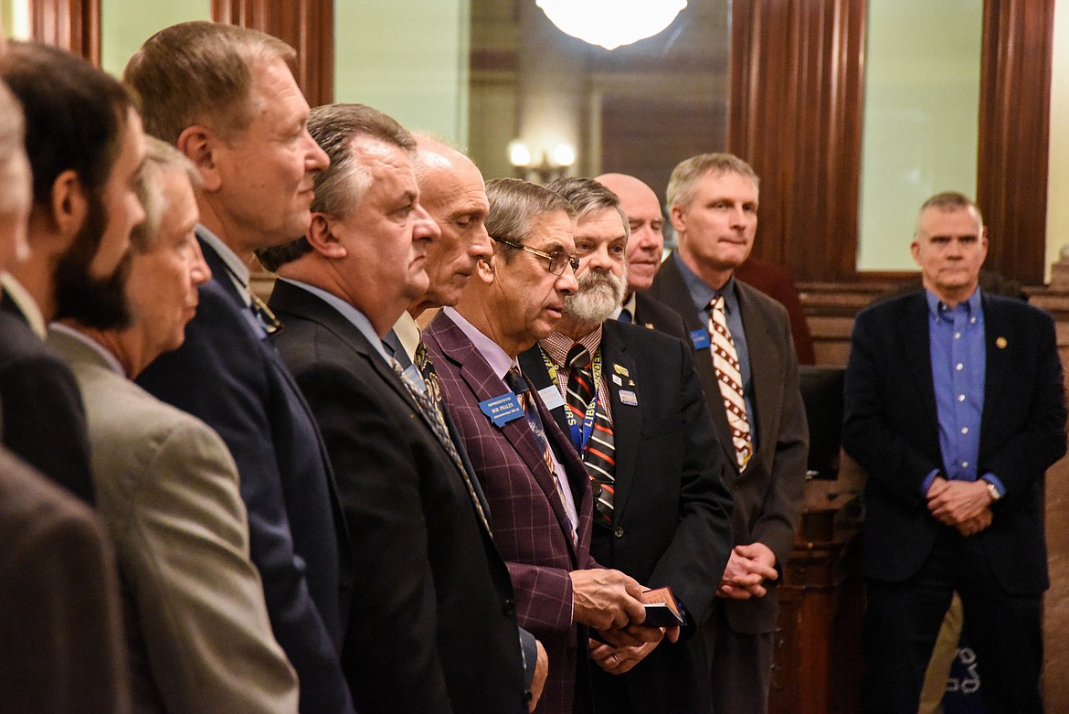 Members of the Montana Freedom Caucus stand near US Congressman Matt Rosendale at the Montana State Capital Building at the official launch of the Montana Freedom Caucus in Helena on Jan. 19, 2023. (Kate Heston/Daily Inter Lake)