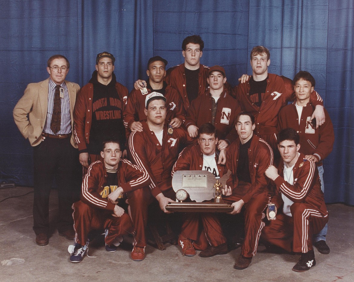 Photo couresy of NORTH IDAHO COLLEGE
Former North Idaho College wrestling coach John Owen, back left, is pictured with his 1993 NJCAA championship team.