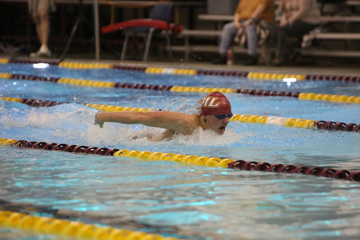 Moses Lake sophomore Luke Molitor swims the 100-yard butterfly in the Maverick’s dual meet against West Valley and Sunnyside.