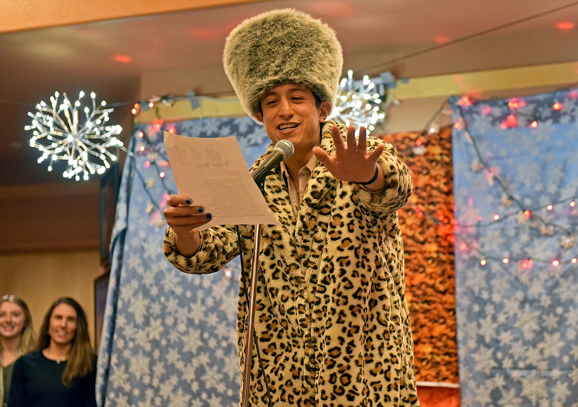 Mikey Winn performs the Winter Carnival legend at the LXIV King Ullr and Queen of the Snows Coronation on Saturday, Jan. 14 at the O’Shaughnessy Center in Whitefish. (Whitney England/Whitefish Pilot)