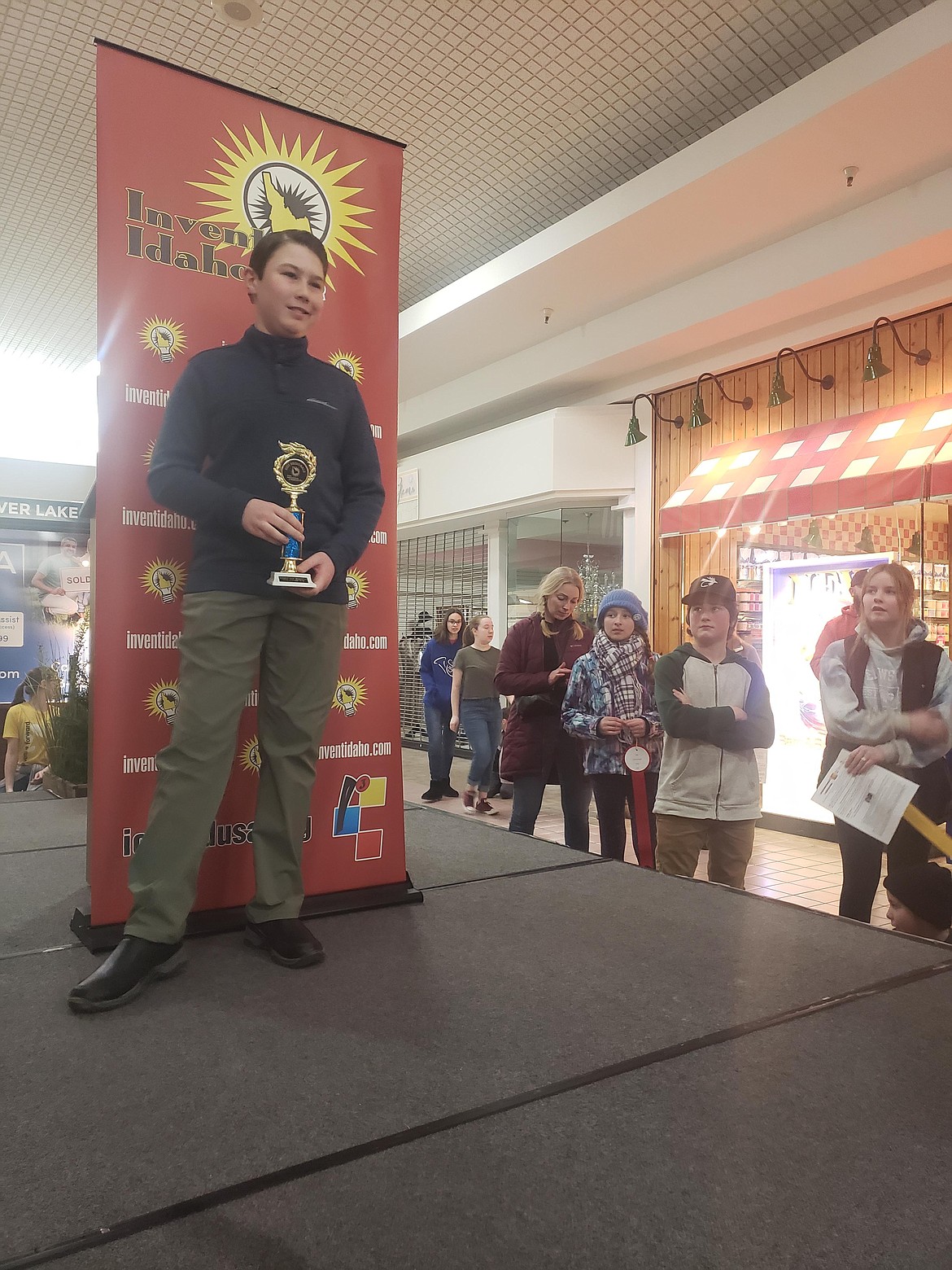 Augustus Brown won best in show (grades five through eight) in the Invent Idaho competition at Silver Lake Mall on Sunday for his Stellatener, a machine designed to remove debris from space.