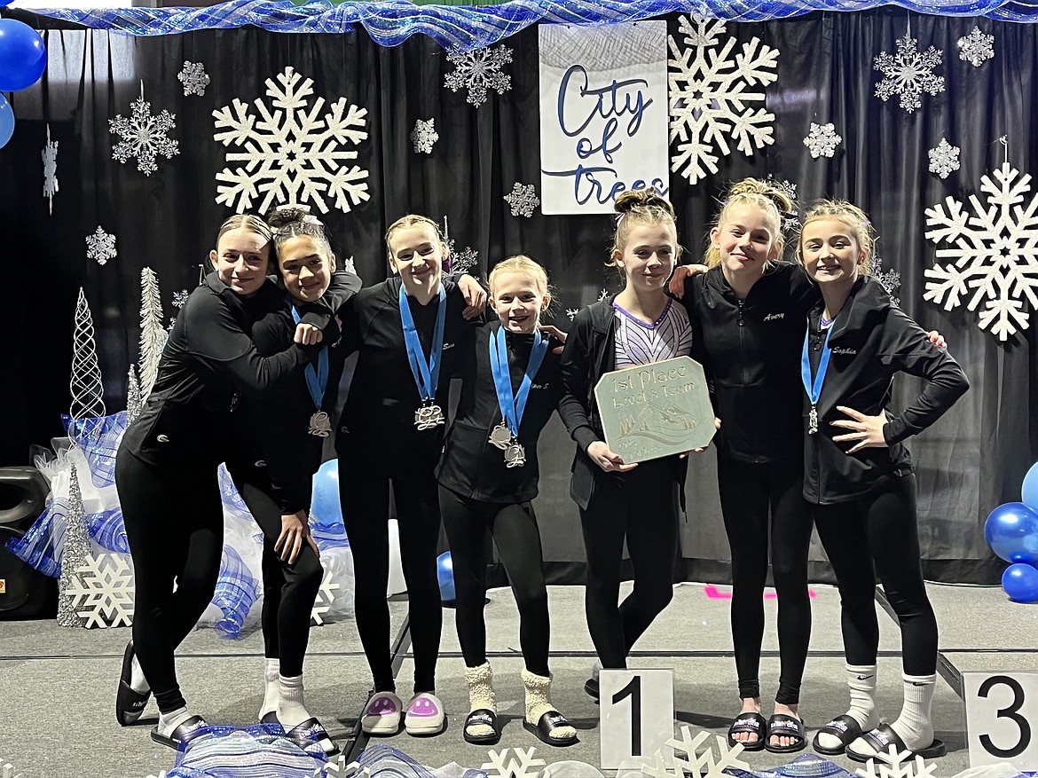 Courtesy photo
Avant Coeur Gymnastics Level 8s take 1st Place Team in Boise at the City of Trees Invitational. From left are Kayce George, Kenzie Short, Sara Rogers, Piper St. John, Claire Traub, Avery Hammons and Sophia Elwell.