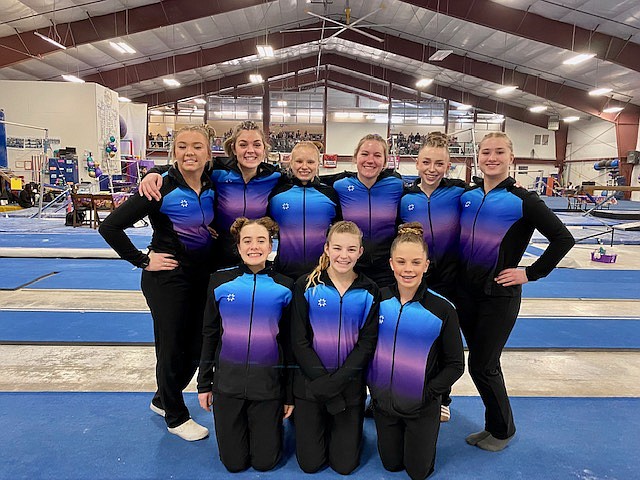 Courtesy photo
The GEMS Athletic Center Diamond/Platinum gymnastics team at the Flip Fest meet Jan. 13-15 in Spokane. In the front row from left are Evyn Lyon, Kylie Burg and Evelyn Oswell; and back row from left, Riley Walton, Keana Pettyjohn, Izzy McCaslin, Dakota Caudle, Taryn Olson and Mckenzie Palaniuk.