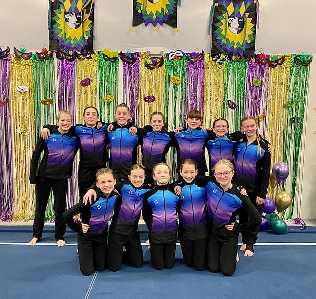 Courtesy photo
The GEMS Athletic Center older Silvers at the Flip Fest gymnastics meet Jan. 13-15 in Spokane. In the front row from left are Abi Sinclair, Sydney Thompson, Kallyn O'Brien, Raya Batchelder and Gracelyn Harrison; and back row from left, Emily Wright, Reagan Smith, Sierra Craford, Elliot Tuntland, Summer Spiker, Aria Milewski and Ashley Gwin.