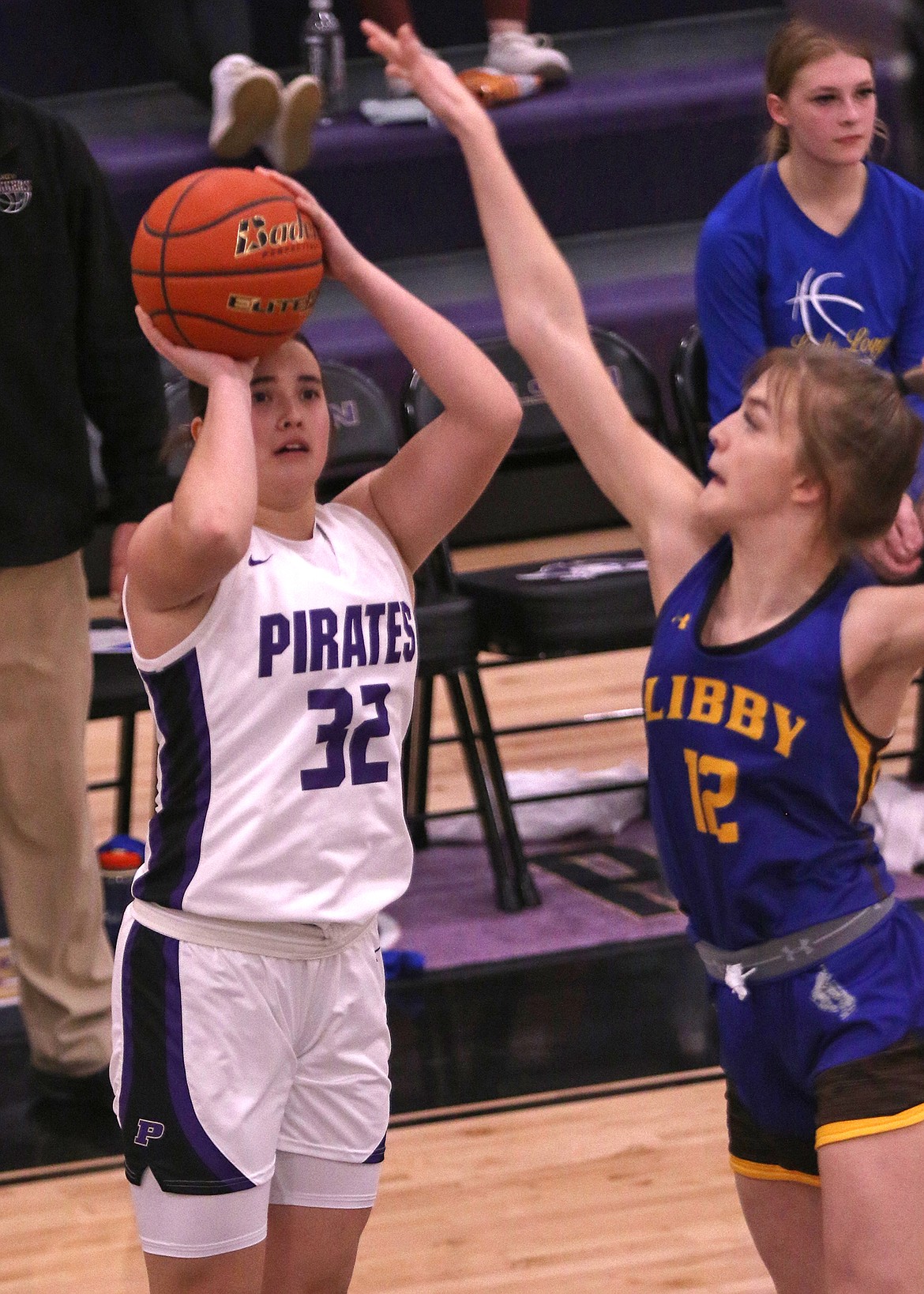 Lady Pirate Mila Hawk takes a jump shot during Saturday's home game against the Libby Loggers. (Bob Gunderson photo)