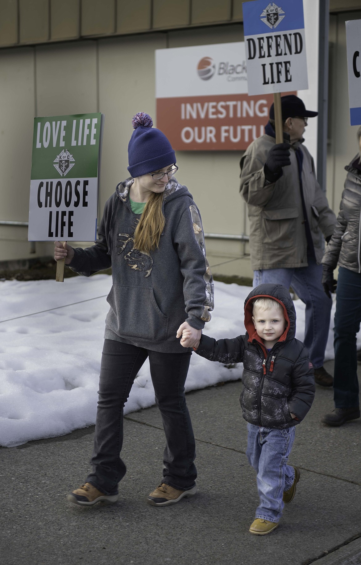 Theresa McDonald with her son Mike McDonald, 3, at the March for Life rally in Thompson Falls. (Tracy Scott/Valley Press)